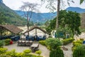 Picturesque cafes in the open air on the banks of the river April 12, 2018, the trek around the Annapurna, Nepal.